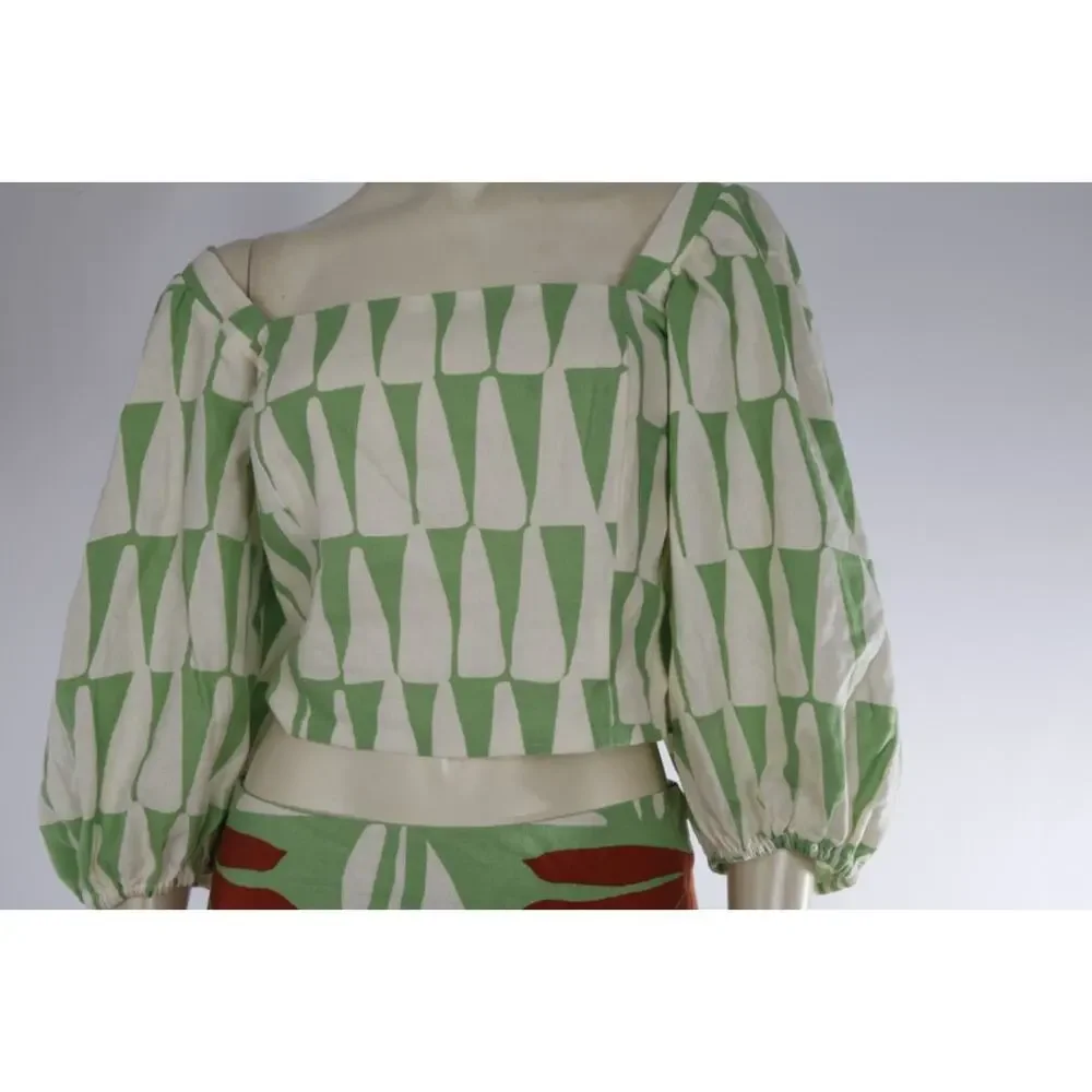 Maison D'Amelie 2pc Matching Set Green Abstract Print Crop Top & Midi Skirt Sz S